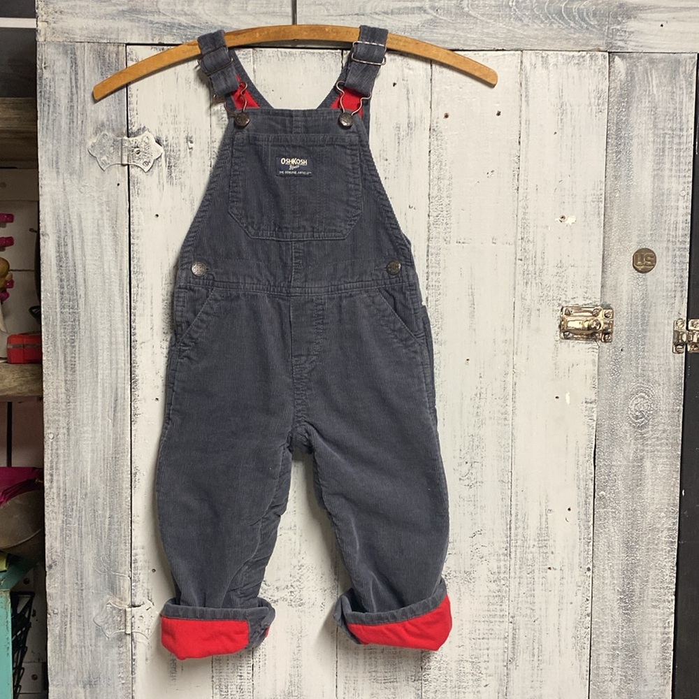 OshKosh B’gosh, 18M, toddler overalls, corduroy overalls, gray overalls, red lin